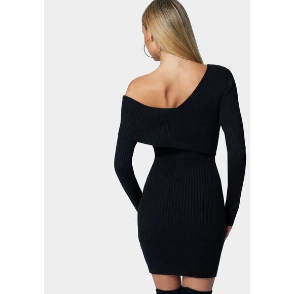 Bebe Sweater Dress Ribbed Knit Asymmetrical Off The Shoulder Bodycon Black NWT S - Picture 3 of 8